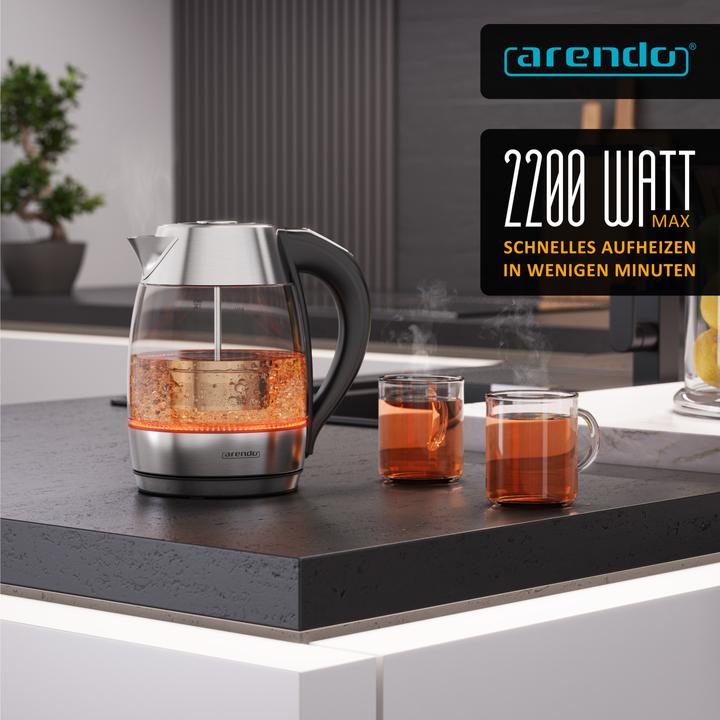Actual product image Arendo Wasserkocher mit Temperatureinstellung aus Glas & Edelstahl, Teesieb, Teekocher, 1,8 L, 2200 W (1.80 l)