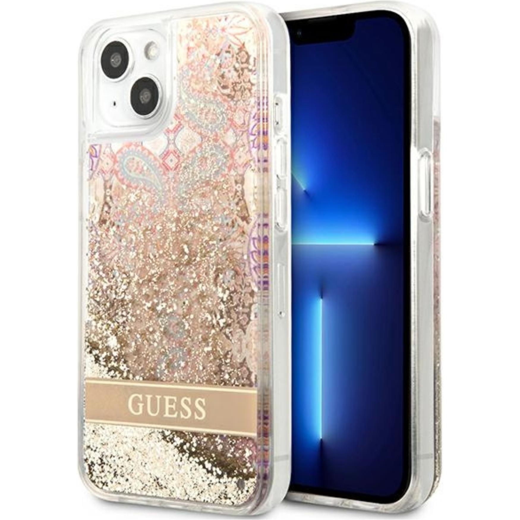 Guess GUHCP13SLFLSD Custodia rigida Paisley Liquid Glitter per iPhone 13 Mini 5,4" Zloty / Oro (Apple iPhone 13 mini), Cover smartphone, Oro