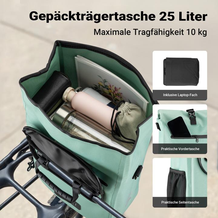 Produktbild Wiltec Gepäckträgertasche mintgrün 25l Fahrradtasche Rucksack Gepäcktasche (25 l, Gepäckträgertasche)