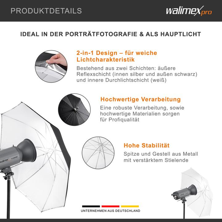 Produktbild Walimex 2in1 Reflex- Durchlichtschirm weiss 109 (Schirmreflektor, 109 cm)