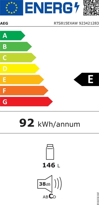 Label énergétique AEG RTS815EXAW Réfrigérateur indépendant de table / 845 mm / 146 L / E, 923421283 (146 l)
