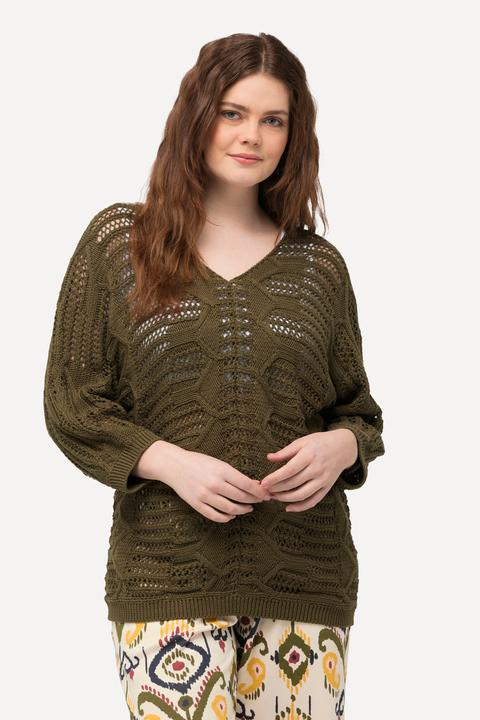 Produktbild Ulla Popken Pullover, Ajourmuster, V-Ausschnitt, 3/4-Arm (56)