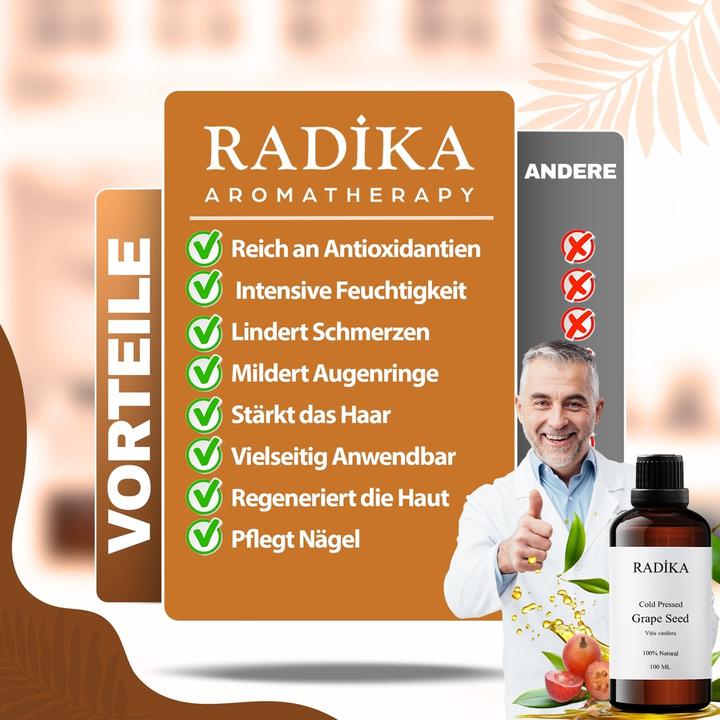 Produktbild Radika Traubenkernöl, Kaltgepresst, 100% Rein, BIO, natürlich, 100 ml (Körperöl, 100 ml)