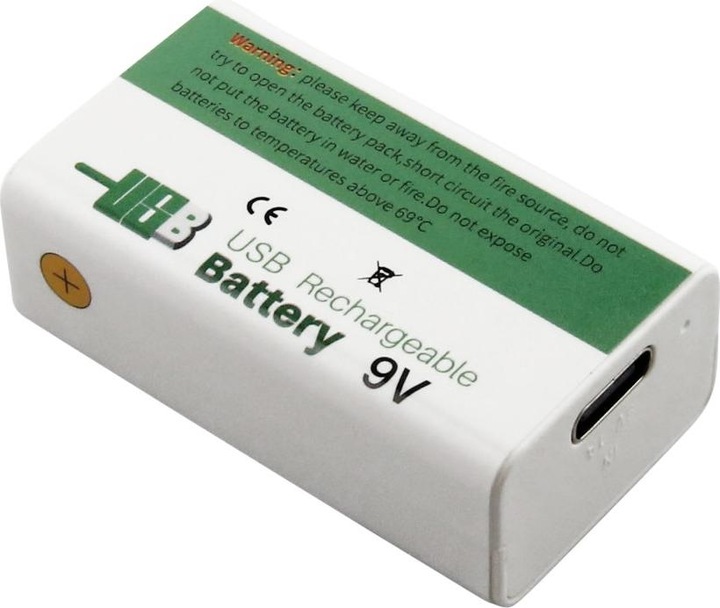 Actual product image AccuCell 9V battery pack with USB-C charging port, Li-ion, 7.4V, 1200mAh, 8.1 Wh (1 pcs., 1200 mAh, Rechargeable battery)