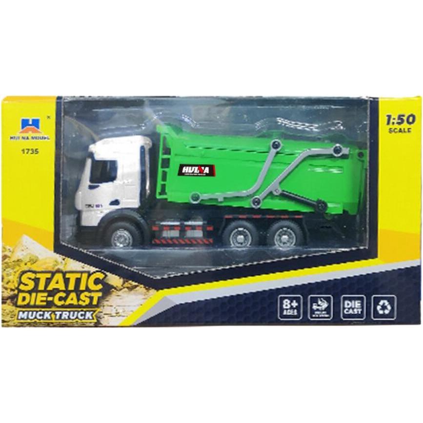 Huina Śmieciarka Ciężarówka Metalowa Ruchoma Zielona 1:50