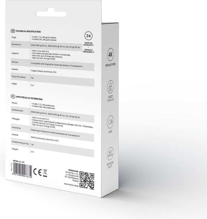 Actual product image Savio USB-C to HDMI 2.0B cable, 2m, silver (2 m, USB Type C, 2.0b)