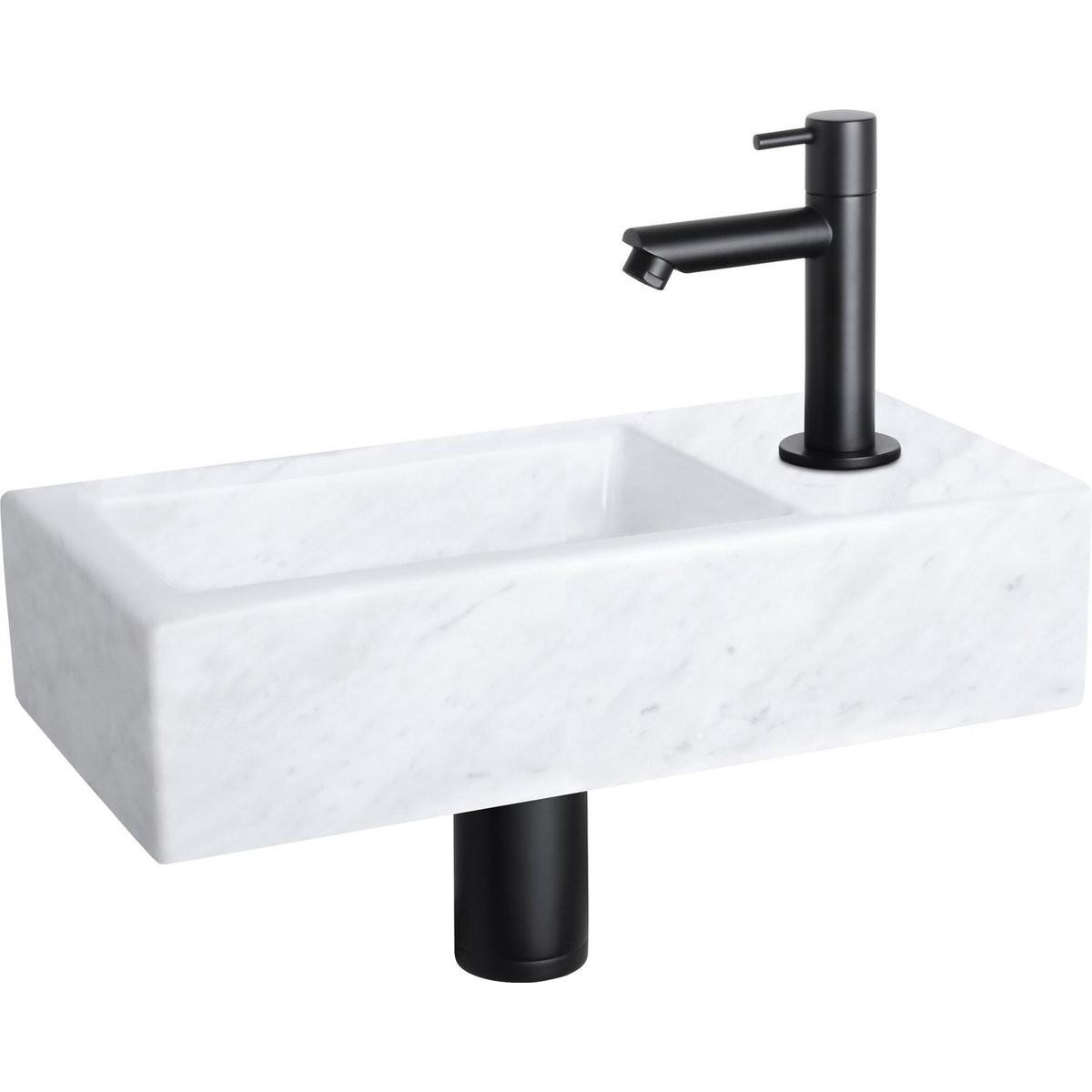 Differnz, Lavandino, Helios Fonteinset - Wasbak Marmer - Wit - Rechte Kraan - Mat Zwart - Standaard Greep - 37,5 x 18,5 x (185 mm, 375 mm)