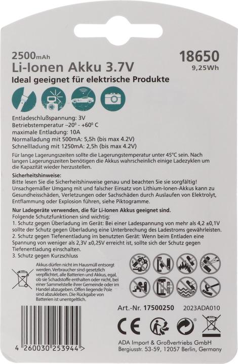 Image du produit Arcas IMC18650BP1 Spezial-Akku 18650 Li-Ion 3.7 V 2500 mAh (1 pcs, 18650, 2500 mAh)
