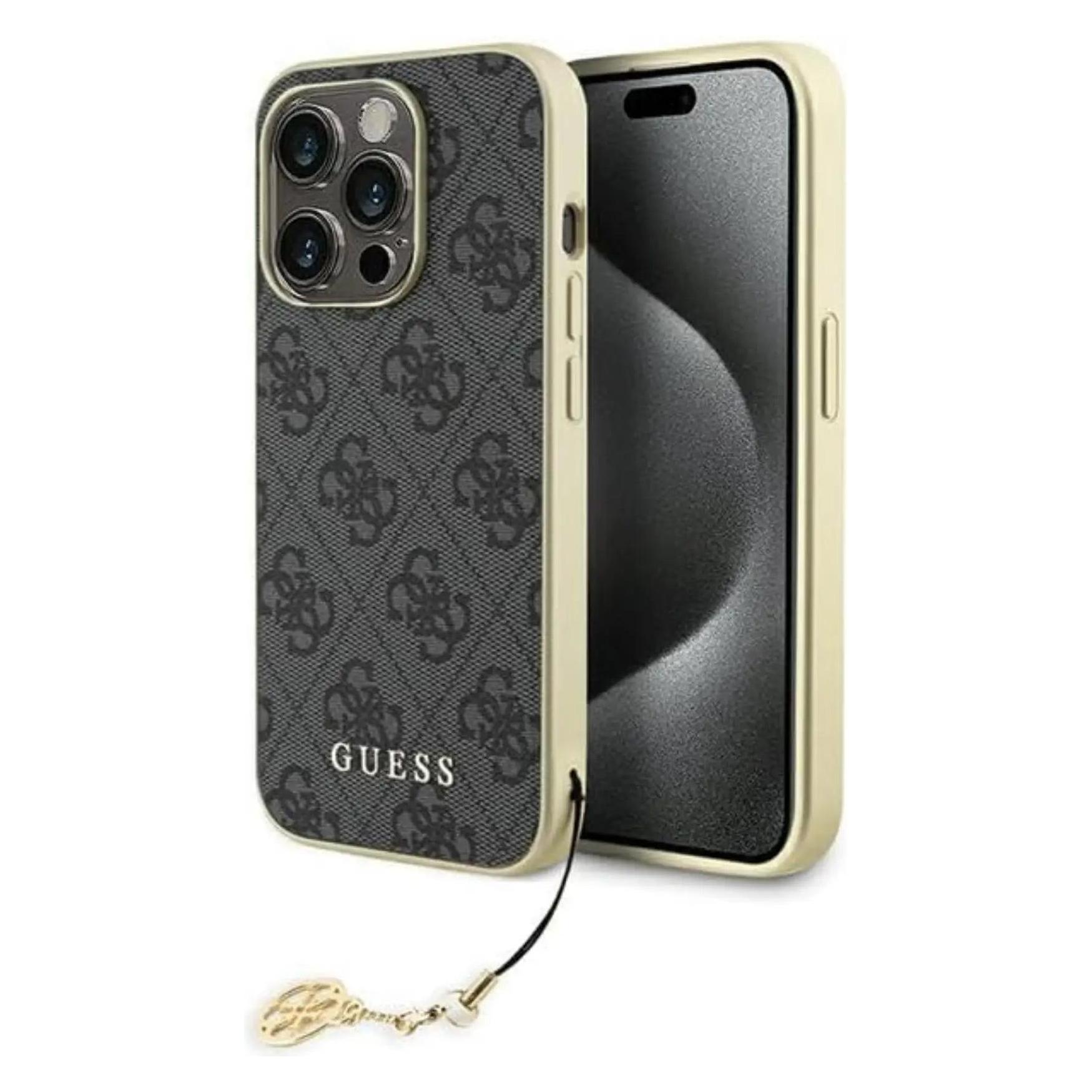 Guess GUHCP15LGF4GGR IPhone 15 Pro 6.1" Szary/grey Hardcase 4G Charms Collection (Apple IPhone 15 Pro), Smartphone Hülle, Grau