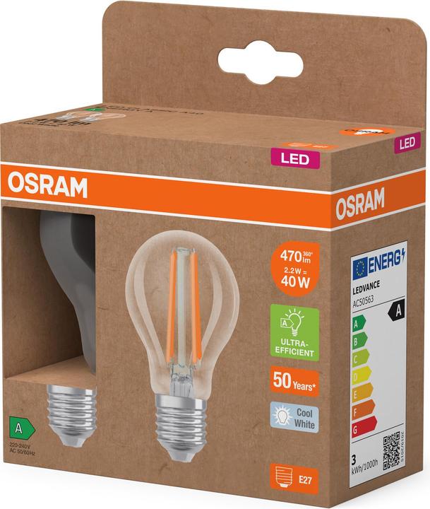 Actual product image Osram LED LAMPS ENERGY CLASS A ENERGY EFFICIENCY FILAMENT CLASSIC A 2.2W 840 Clear E27 (E27, 2.20 W, 470 lm, 6 x, A)