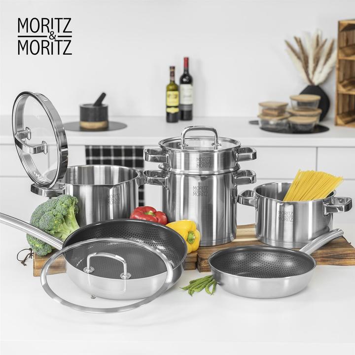 Actual product image Moritz & Moritz Stainless steel saucepan induction 24cm with sieve in the lid - Suitable for all hob types (Pot, Stainless steel)