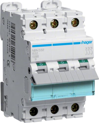 Actual product image Hager HAG NBN332 Circuit breaker 3p B 32A 10kA 3m 3PLE 83x52,5x70mm