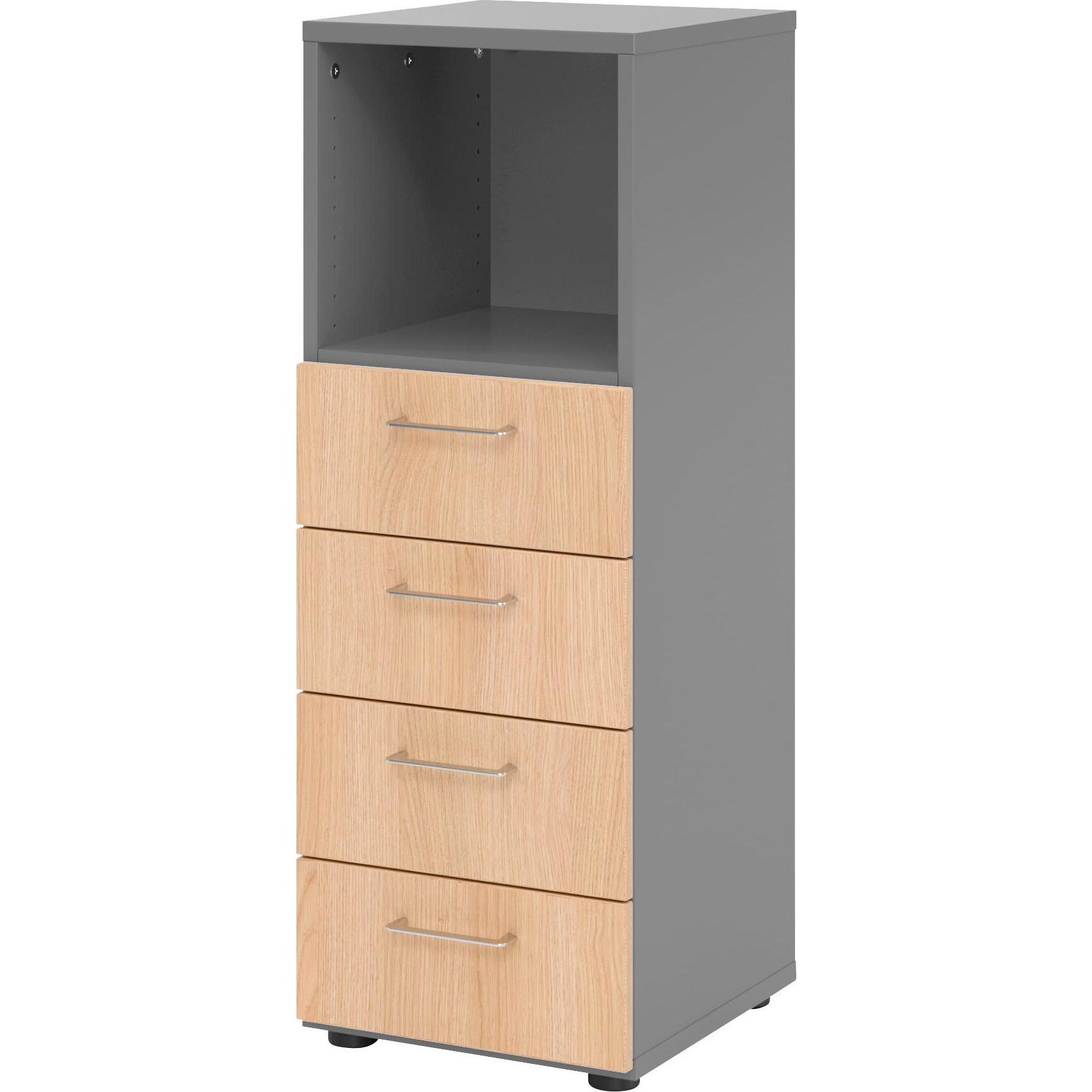 0, Aktenschrank, Regal 3OH, 4 Schübe, BS Graphit/Eiche