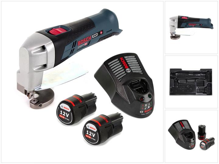 1x Bosch GSC 12 V-13 cordless tin snips, 2x GBA 12 V 2.0 Ah battery, 1x Bosch GAL 1230 charger, 1x insert for L-Boxx, without L-Boxx