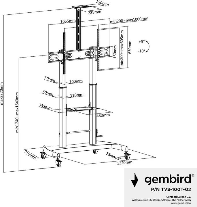 Produktbild Gembird Height adjustable TV floor stand (100 kg, 60" - 100")