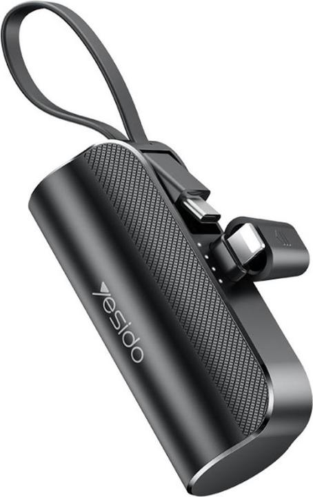Productafbeelding Yesido Ultra Mini Power Bank 5000mAh met USB-C kabel / Lightning stekker - Zwart (5000 mAh, 12 W)