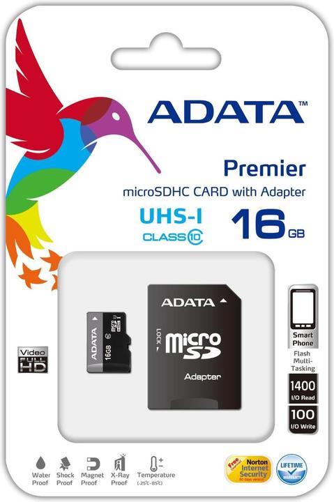 Productafbeelding Adata microSDHC-kaart 16GB,, Premier, UHS-I (16 GB, microSDHC, U3, UHS-I)