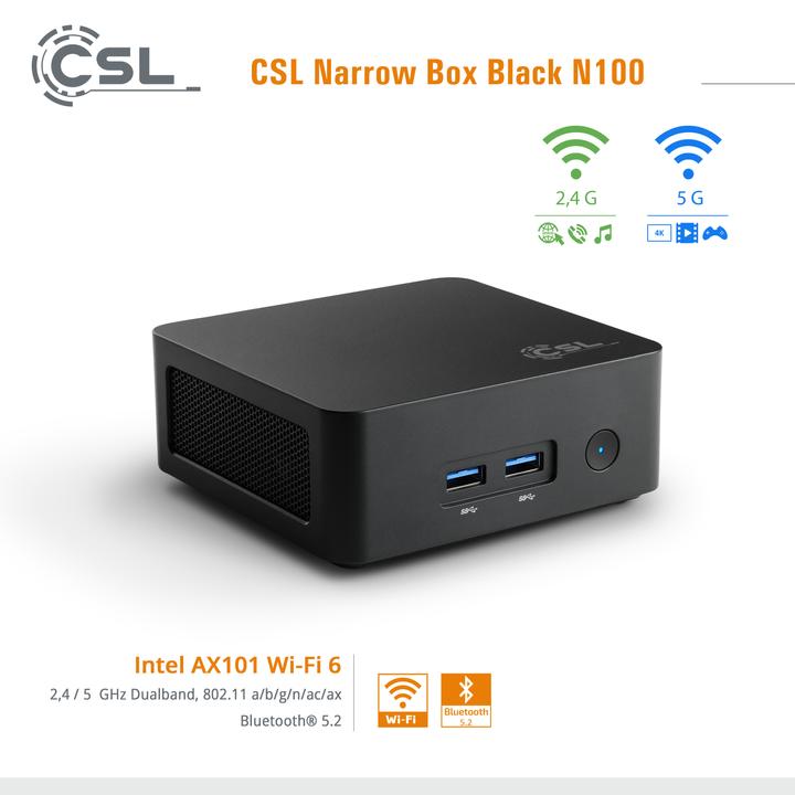 Immagine prodotto CSL Mini-PC Narrow Box Nero / 8GB / 500 GB M.2 SSD / Win 11 Pro (Intel N100, 8 GB, 500 GB, Grafica Intel UHD)