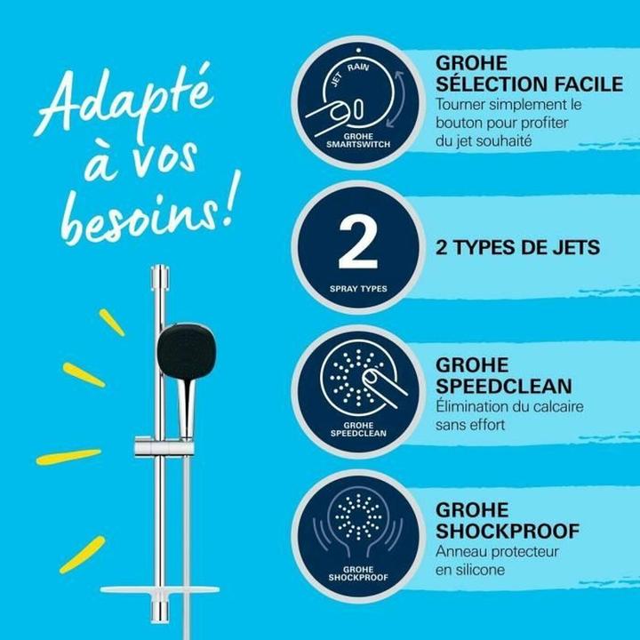 Produktbild Grohe Vitalio Comfort 110 QuickFix Brausestangenset, kleben oder bohren, Länge 600mm, inkl. Duschablage, 2