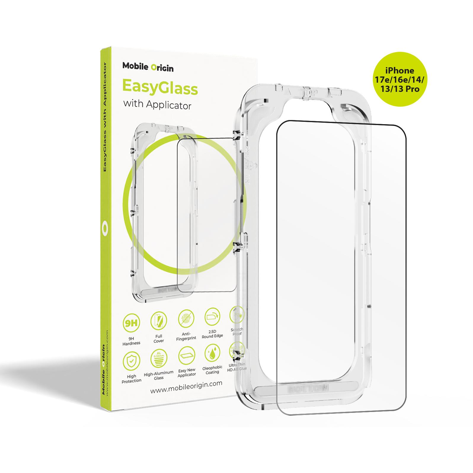 Mobile Origin EasyGlass with Applicator iPhone 17e/16e/14/13/13 Pro (1 pz., Apple iPhone 13, Apple iPhone 13 Pro, Apple iPhone 14, Apple iPhone 16e, A
