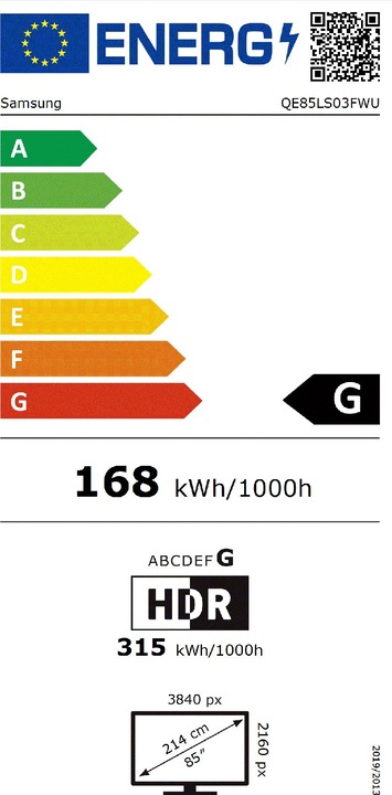 Energy Label Samsung QE85LS03FW (85", The Frame Pro, LED, NeoQLED, 4K, 2025)