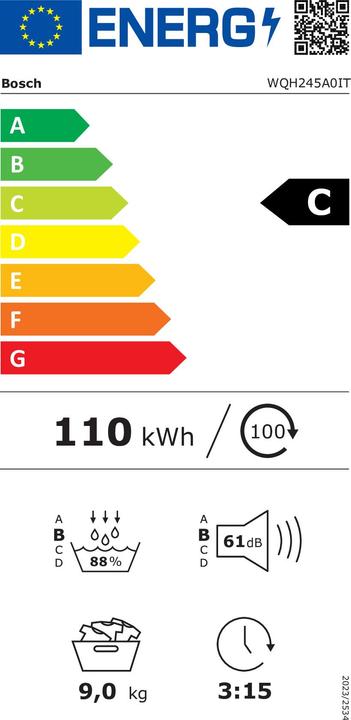 Label énergétique Bosch Hausgeräte WQH245A0IT Sèche-linge 9 Kg Classe A (9 kg, Droite)