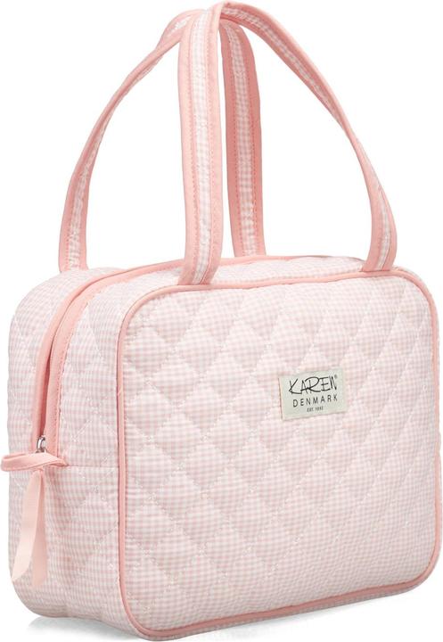 Karen - Grosser Kulturbeutel mit Henkel - Rosa karierte Steppdecke