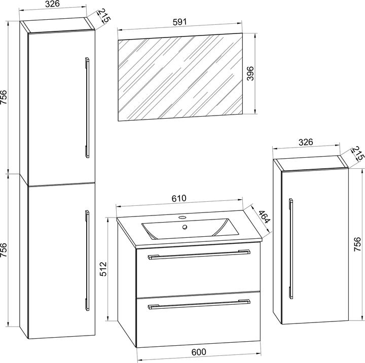 Image du produit VCM Meuble vasque 5 vasques Badinos 2 tiroirs Miroir