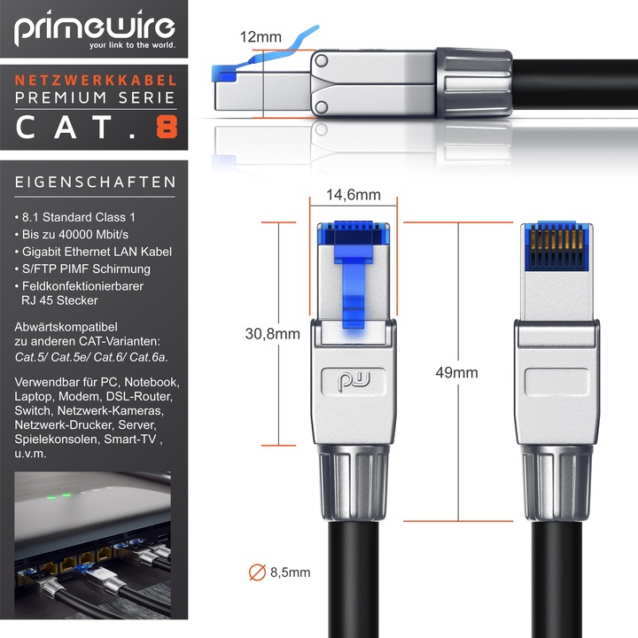 Produktbild Primewire LAN Kabel CAT.8, RJ-45, Netzwerkkabel CAT 8, Gigabit Ethernet 40 Gbit/s, S/FTP Pimf Patchkabel (S/FTP, CAT8.1, 25 m)
