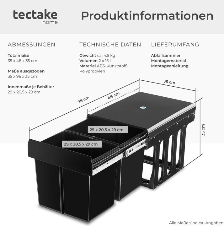 Produktbild tectake Abfallsammler Ashlyn, 2-fach Trennung, 30L, Teleskopschienen (30 l)