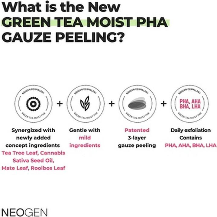 Produktbild Neogen Dermalogy Green Tea Moist PHA Gauze Peeling Pads Exfoliating & Soothing with AHA, BHA, PHA, LHA & Green (Reinigungspeeling)