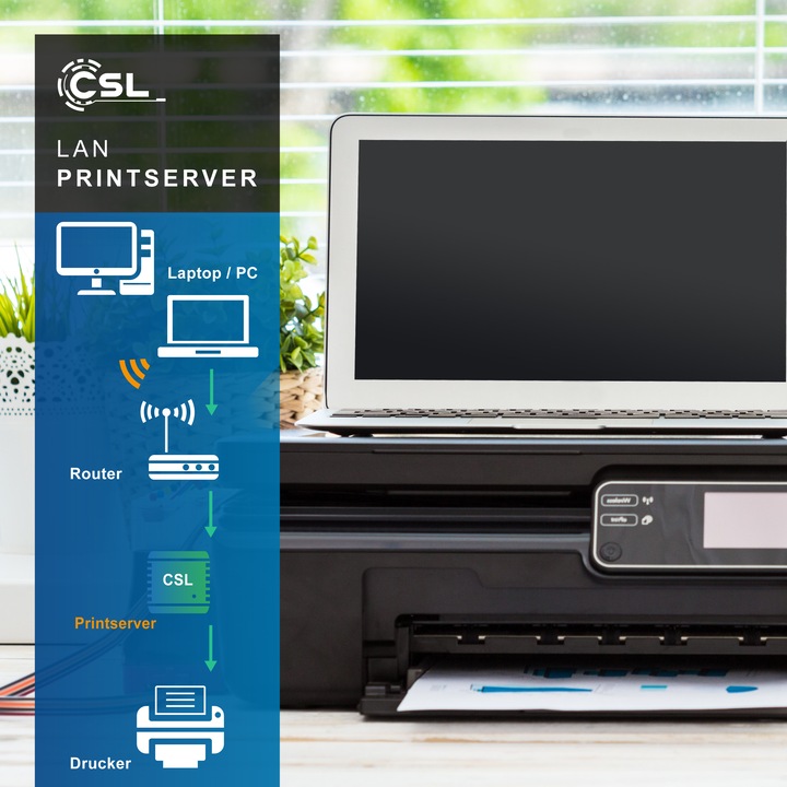 Actual product image CSL LAN print server, USB print server, power supply unit, Fast Ethernet, for PC Windows Vista, XP