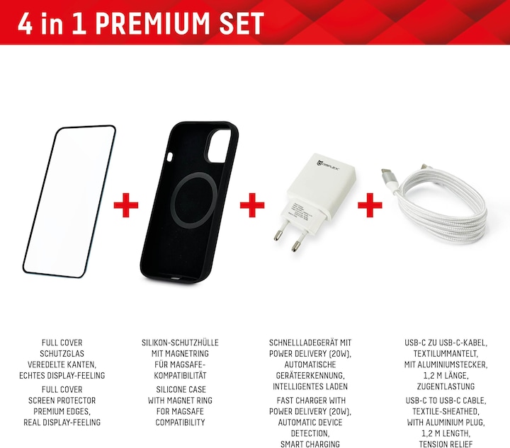 Actual product image Displex 4 in 1 Premium Set (Full Cover armoured glass, protective case, charger, charging cable) (1 Piece, Apple iPhone 15 Pro)