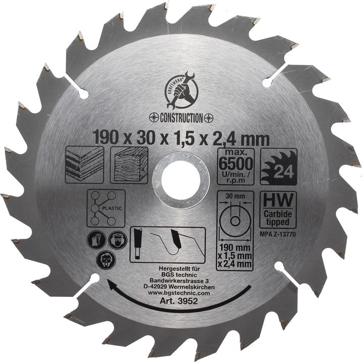BGS Hardmetalen cirkelzaagblad | Ø 190 x 30 x 2,5 mm | 24 tanden