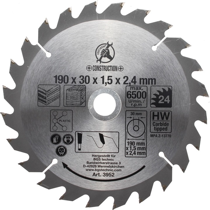 BGS Carbide Tipped Circular Saw Blade Ø 190 x 30 x 2.5 mm 24 teeth