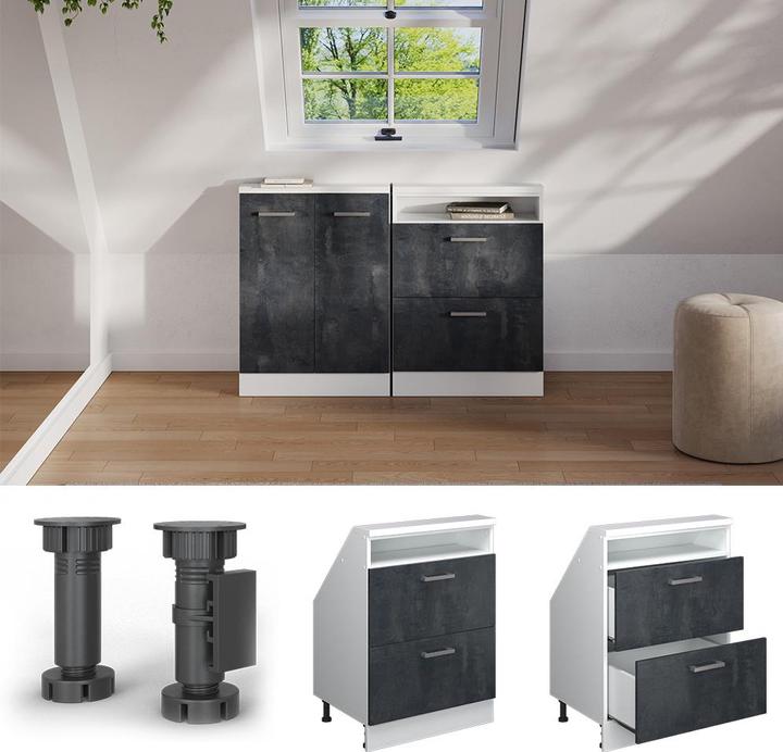 Produktbild Vichy Dachschrägenschrank Rion, Schwarz Beton/Weiss/Weiss, mit 2 Schubladen (46 x 60 x 81.60 cm)