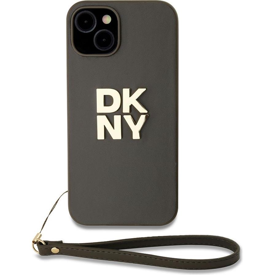DKNY PU Leather Stack Logo Wrist Strap Case for iPhone 14 Brown (Apple iPhone 14), Smartphone Hülle, Braun