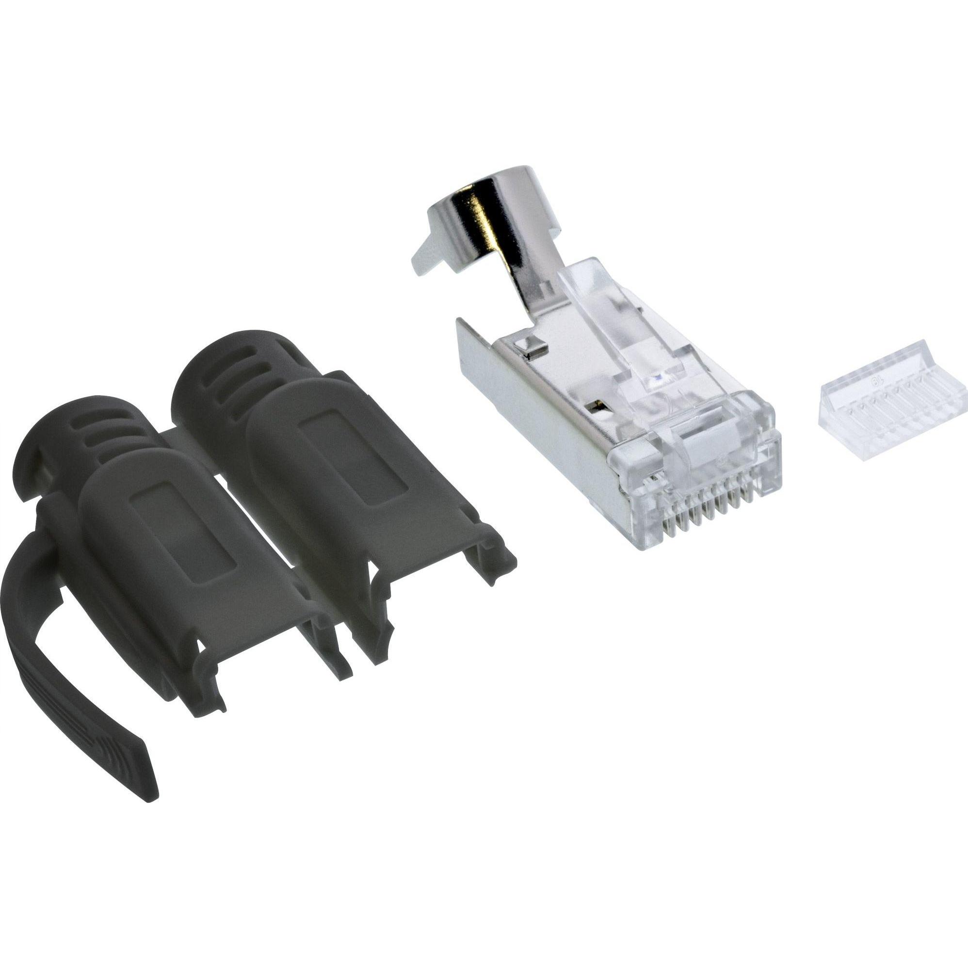 InLine 100er Pack  Crimpstecker Cat.6A RJ45 geschirmt, mit Knickschutz und Einfädelhilfe, schwarz (Netzwerkkabel Stecker...