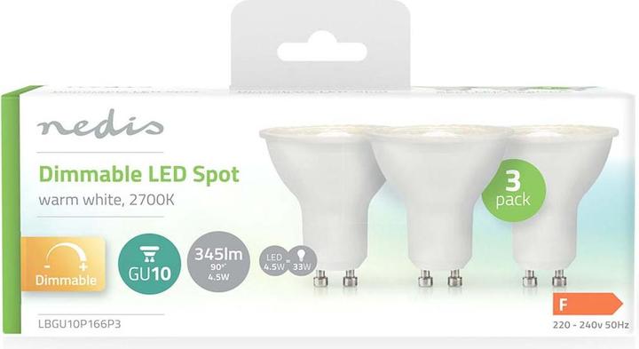 Actual product image Nedis LBGU10P166P3 LED lamp GU10 Spot 4.5 W 345 lm 2700 K Warm white No. of lamps in the pack (GU10, 345 lm, 3x)