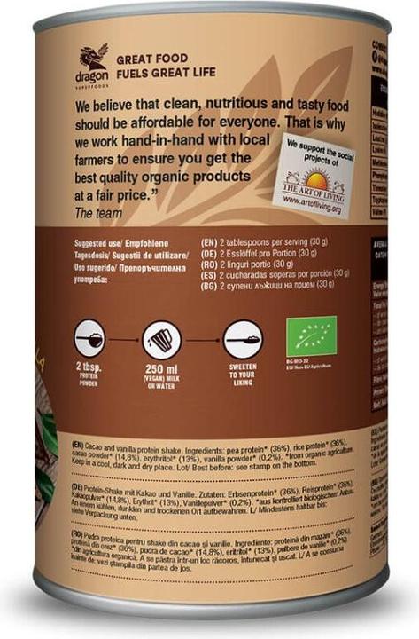 Nährwerte und Zutaten Dragon Superfoods Protein Shake Cacao & Vanilla (Kakao, Vanille, 1 Stk., 450 g)