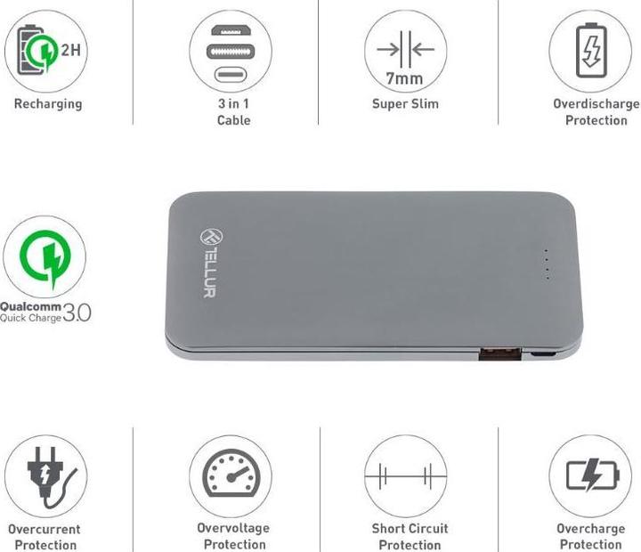 Actual product image Tellur Power Bank QC 3.0 Fast Charge, 5000mAh, 3in1 grey (5000 mAh, 18 W)