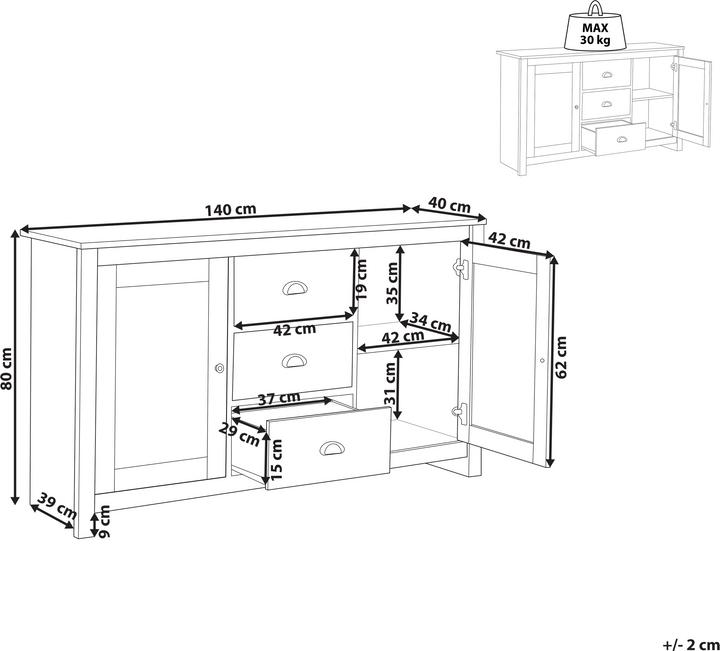 Image du produit Beliani Buffet couleur bois clair 3 tiroirs 2 portes LANSIN (140 x 80 x 40 cm)