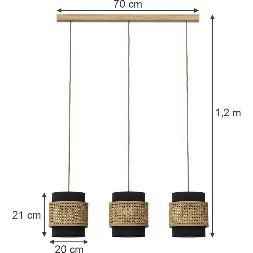 Thumbnail - Vicco, Pendelleuchte, 3er Pendelleuchte Morten, Rattan/Schwarz, 70 x 120 cm (E27)