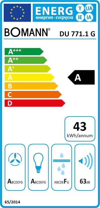 Etichetta energetica Bomann Cofano per cucine a parete DU 771.1 G Cofano sopraelevato a libera installazione Display TC (Cappuccio)