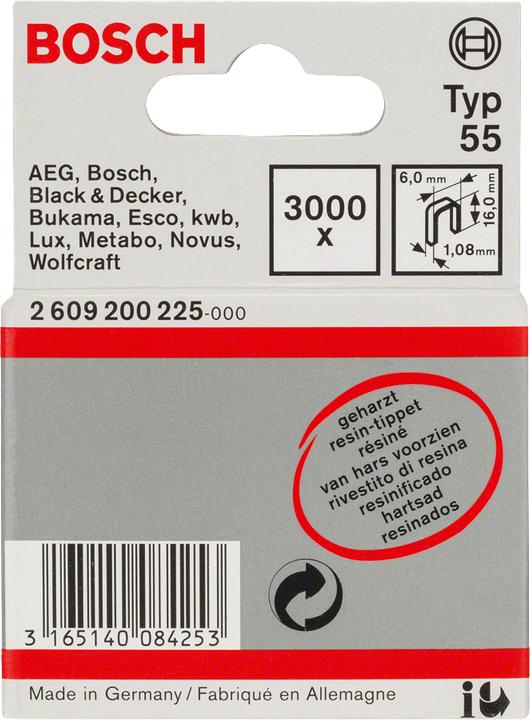 Produktbild Bosch Professional Zubehör Schmalrückenklammer Typ 55, geharzt 6 x 1,08 x 16 mm, 3000er-Pack