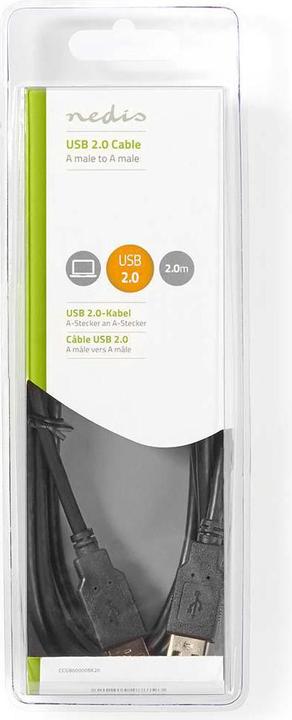 Produktbild Nedis USB-Kabel 2.0 A Stecker - A auf Stecker 2.0 m, Schwarz (2 m, USB 2.0)