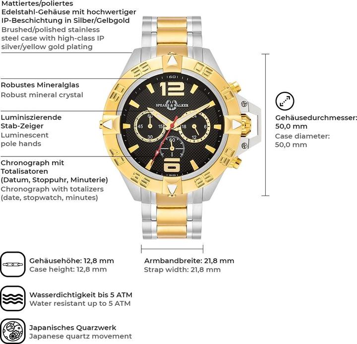 Image du produit Spears & Walker Montre à quartz pour homme Varus II en acier inoxydable argenté/or jaune - 23244 (Chronographe, 50 mm)