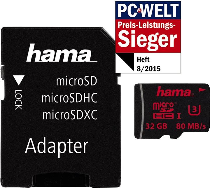 Immagine prodotto Hama microSDHC 32GB classe 3 + adattatore/foto (32 GB, microSDHC, U3, UHS-I)