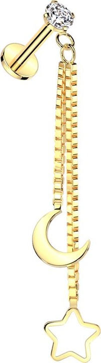 Produktbild Star Piercing Micro Labret Innengewinde vergoldet Kristall silber gefasst Anhänger Kette Mond und Stern (Chirurgenstahl 316L, ohne Messing)