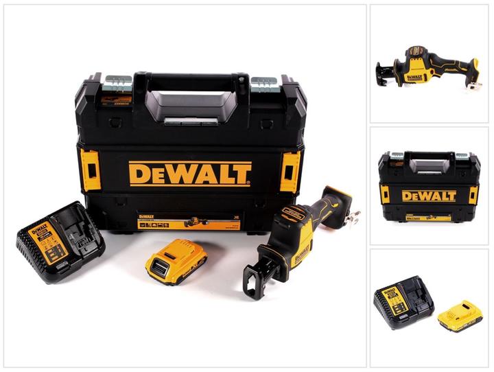 1x DeWalt DCS369 cordless reciprocating saw, 1x TSTAK case, 1x DeWalt 2.0Ah battery, 1x DeWalt charger